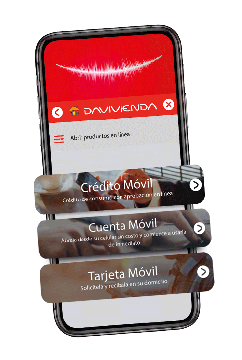 Pantalla productos móviles Davivienda.